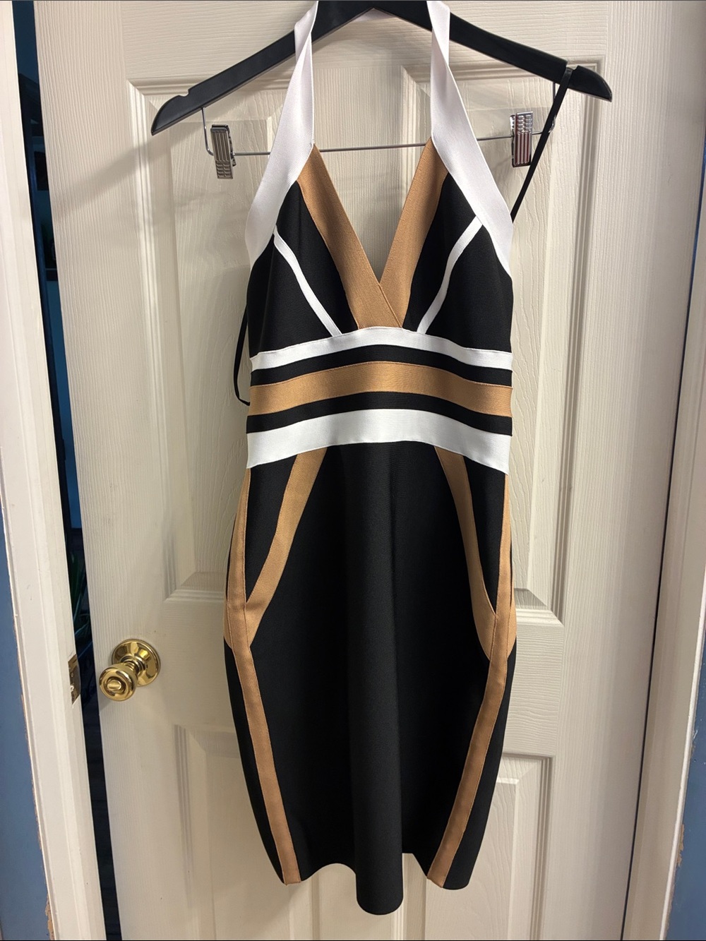 Halter Mini Dress in Black, Tan and White